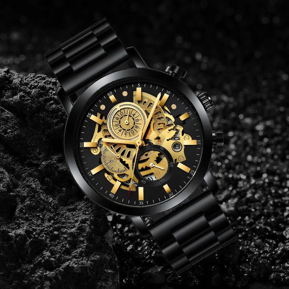 Men's multi-functional calendar watch with hollowed round dial, stainless steel strap, and butterfly buckle on grey background