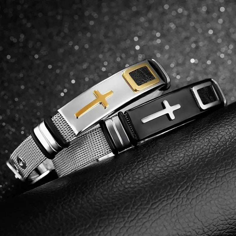 Adjustable 3D cross stainless steel mesh chain bracelet in gold on a white background