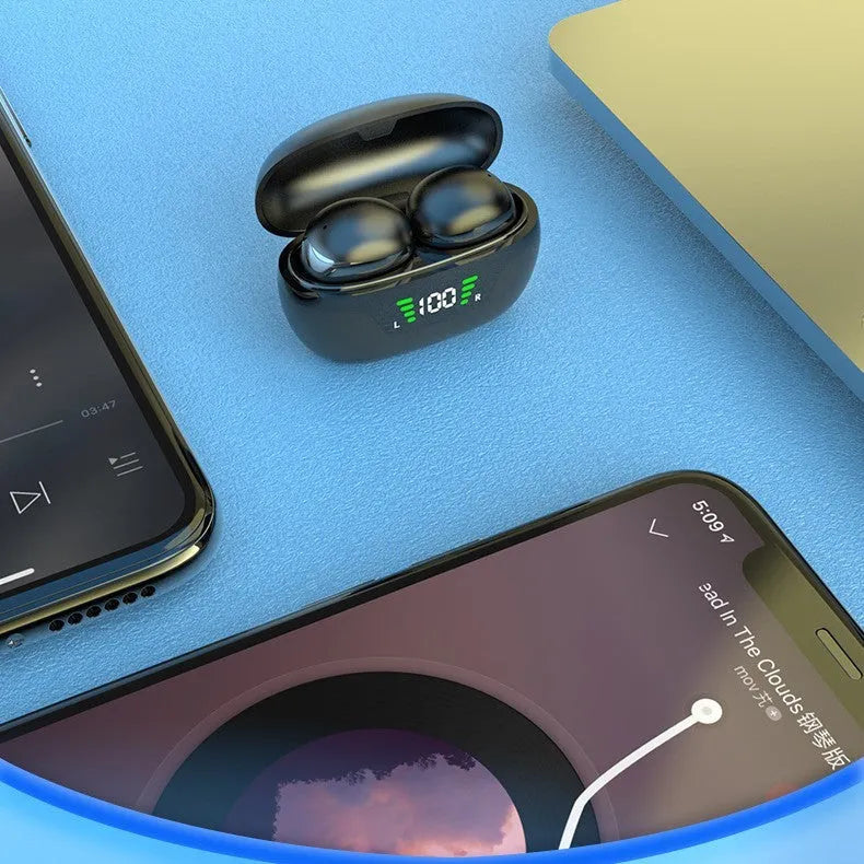 Black wireless Bluetooth Super Mini in-ear earphones with digital display screen and charging cable