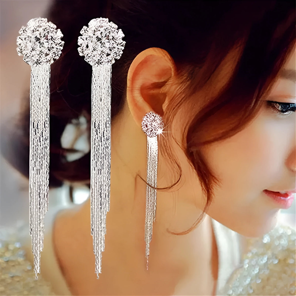 Silver crystal tassel earrings for women with plated metal and Korean-style drop design