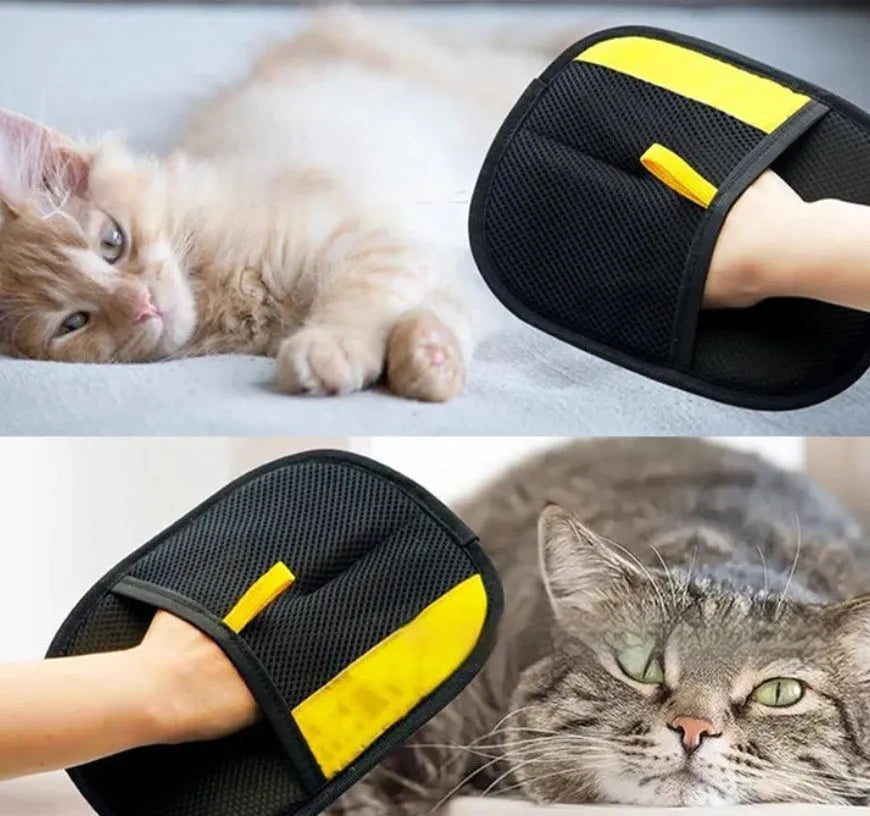 Yellow cat hair removal glove worn on hand for wiping cat hair from sofa, carpet or car seat