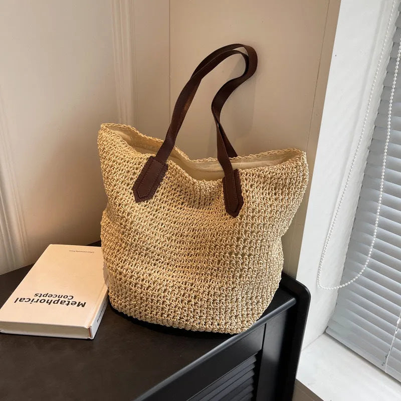 Woven paper straw shoulder bag square vertical with peach skin lining and double straps
