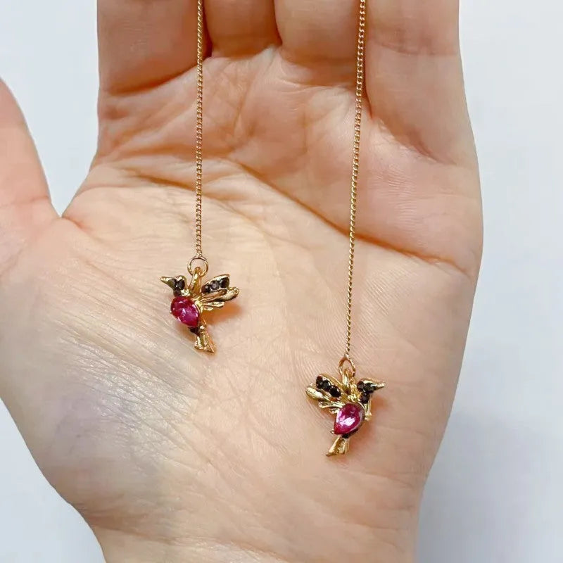 Bird hanging long earrings for women with mixed zirconium wings in blue, red, and red lvzuan colour options