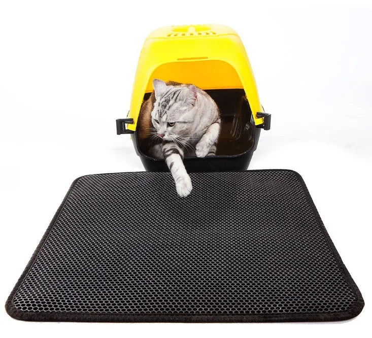 Waterproof EVA cat litter mat with double-layer honeycomb surface, available in black or grey and four sizes.