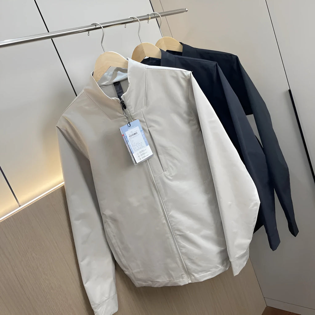 Men's stand collar polyester jacket in straight hem design with long sleeves