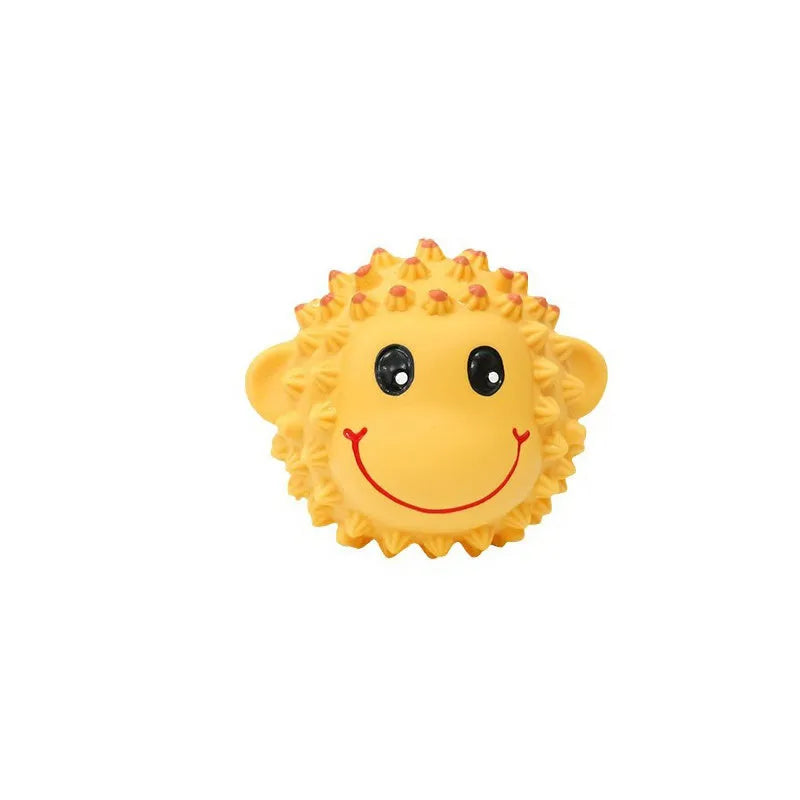 Set of four orange and yellow spiky latex animal dog toys with squeakers.