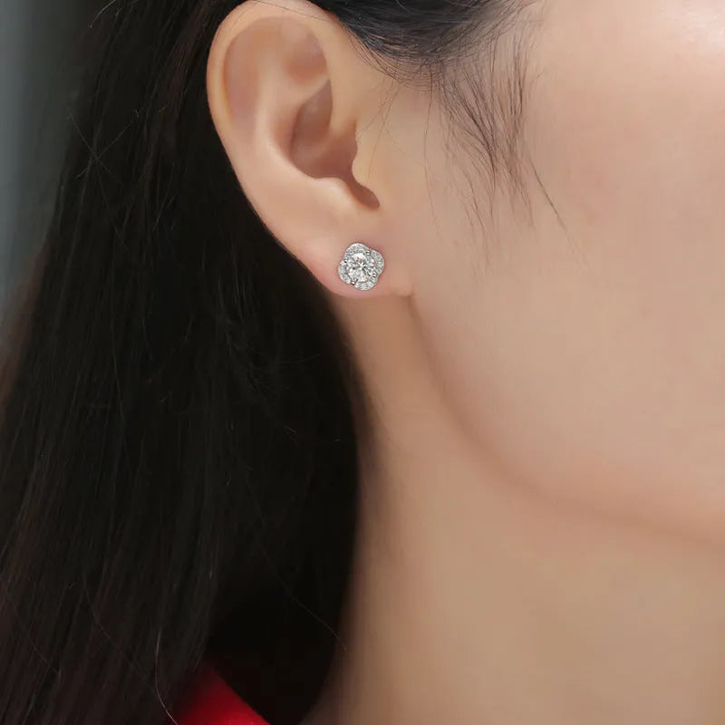 S925 silver flower earrings with two 50-point moissanite stones for women, fresh floral style