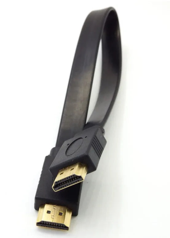 Flat black HDMI cable with male connectors showing length options for tidy AV setup