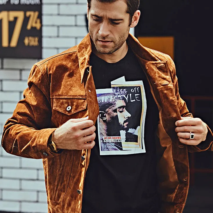 Men's brown pigskin leather biker jacket with asymmetric zip front and stand collar