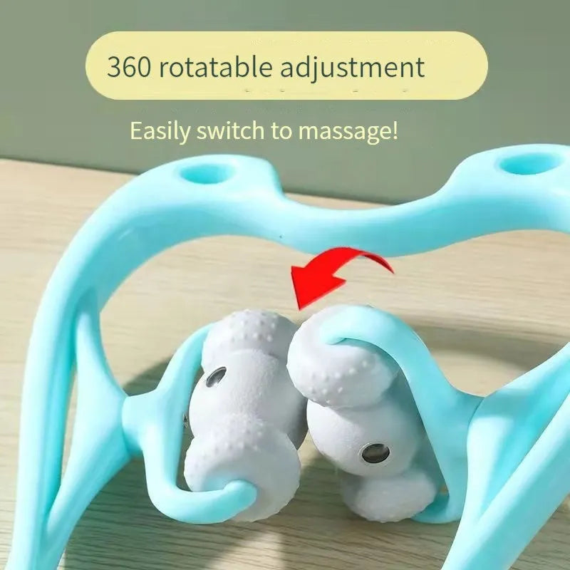 Blue handheld deep tissue neck massager with 360-degree roller and acupressure nodes on a white background.