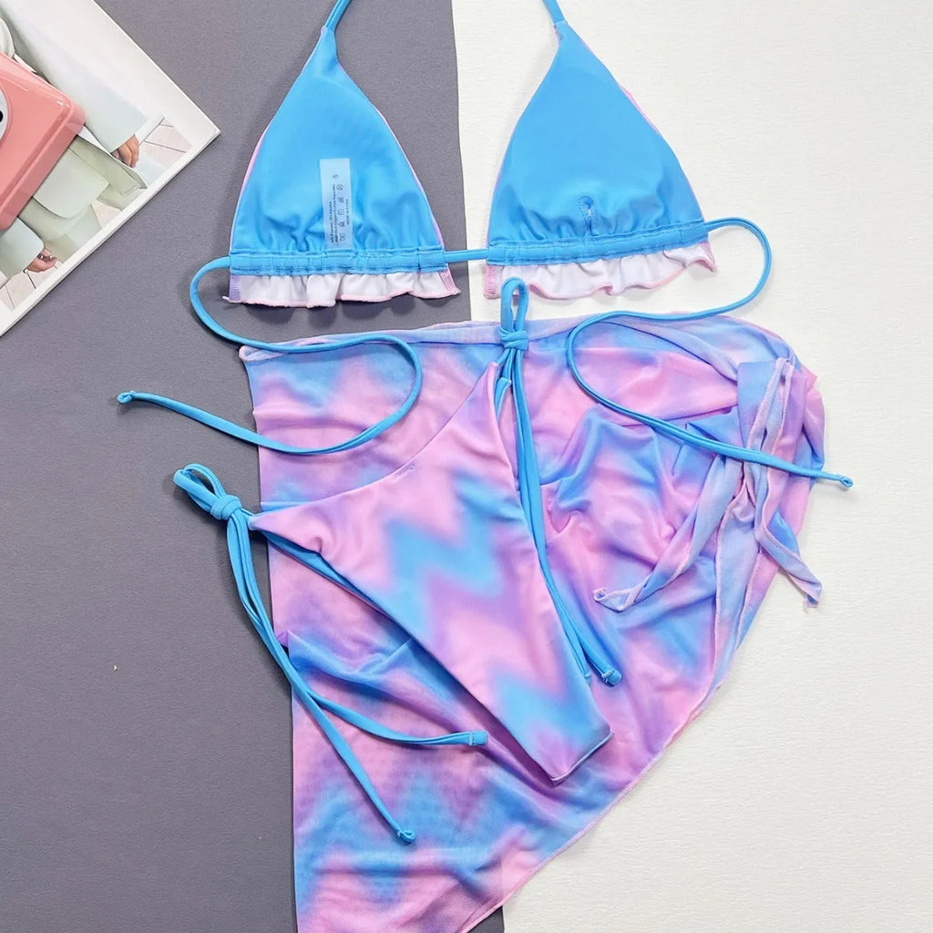 Women's tie-dye bikini swimsuit set with skirt for swimming activities