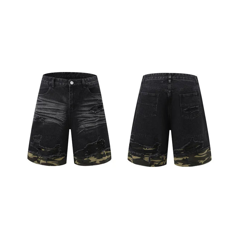 Black denim short sleeve suit with cut-edge stitching and leopard print, including top and shorts.
