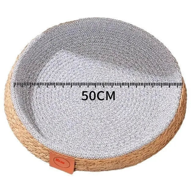 A natural rattan woven cat bed or nest, shown empty, suitable for small, medium, large, or extra-large cats.