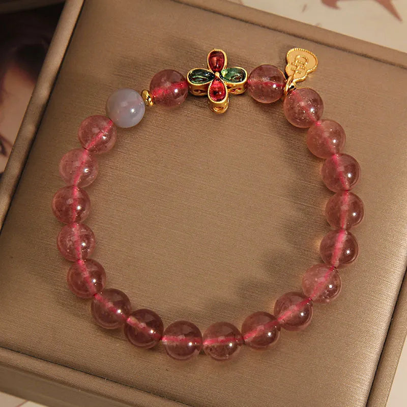 Natural strawberry quartz bracelet for women with four-leaf clover and calabash pendant on alloy chain with rhinestone accents