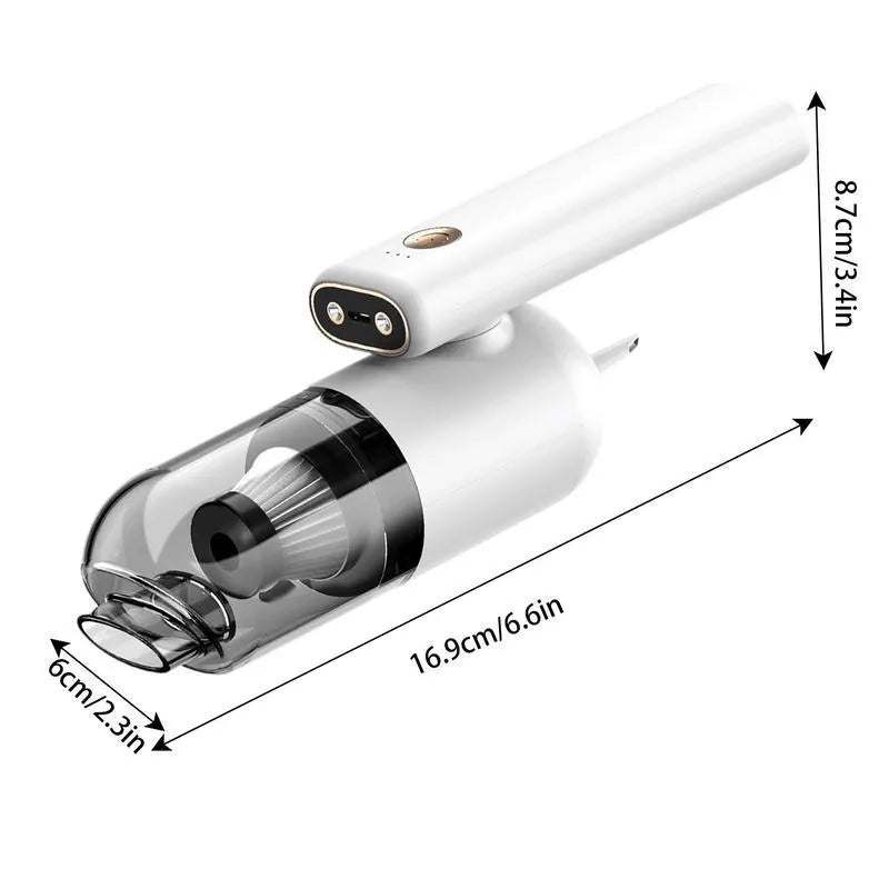 Cordless car vacuum cleaner with 4000mAh battery and replaceable nozzle on black background
