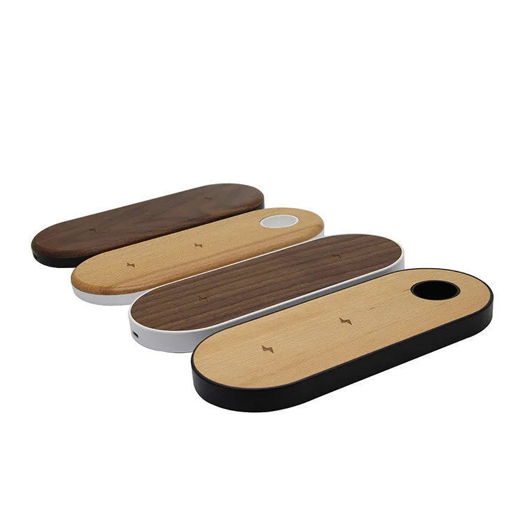Natural bamboo wireless charging pad with wood accents on desk surface