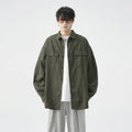 Men's loose large size casual work shirt jacket in black, polyester blend, long sleeves, regular length