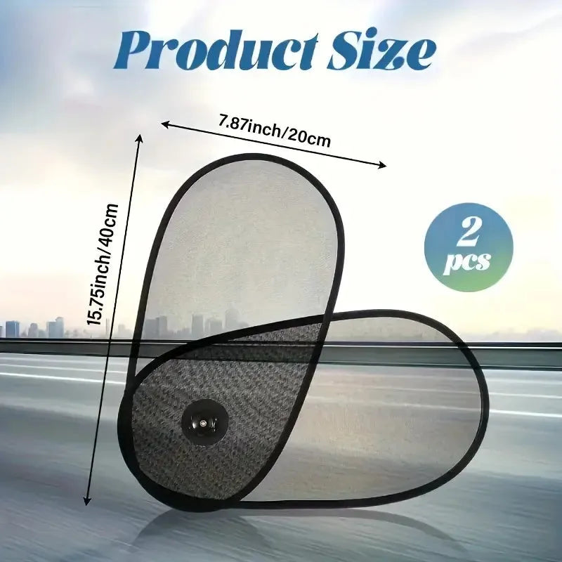 Black breathable car side window sunshade stretched over glass with suction cups.