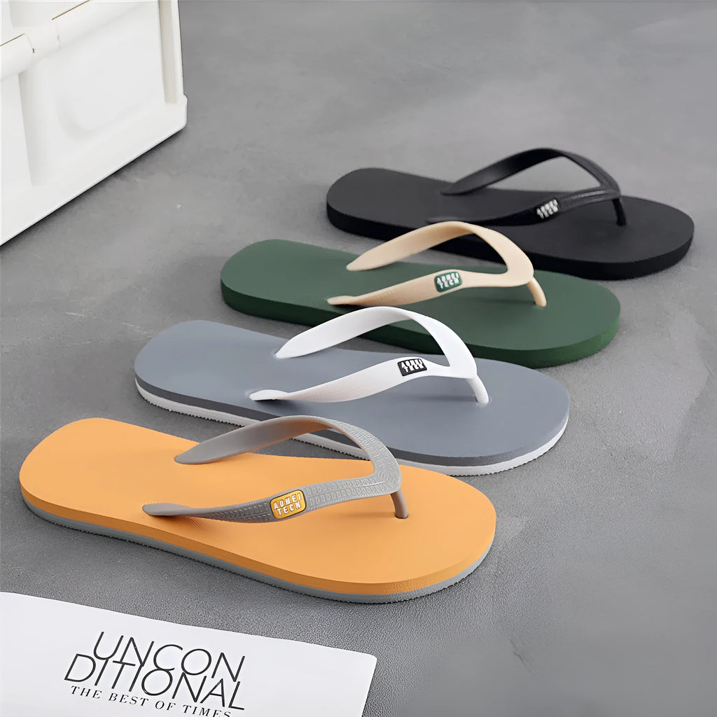 Men's black flip-flops with a textured rubber sole and lightweight EVA upper.