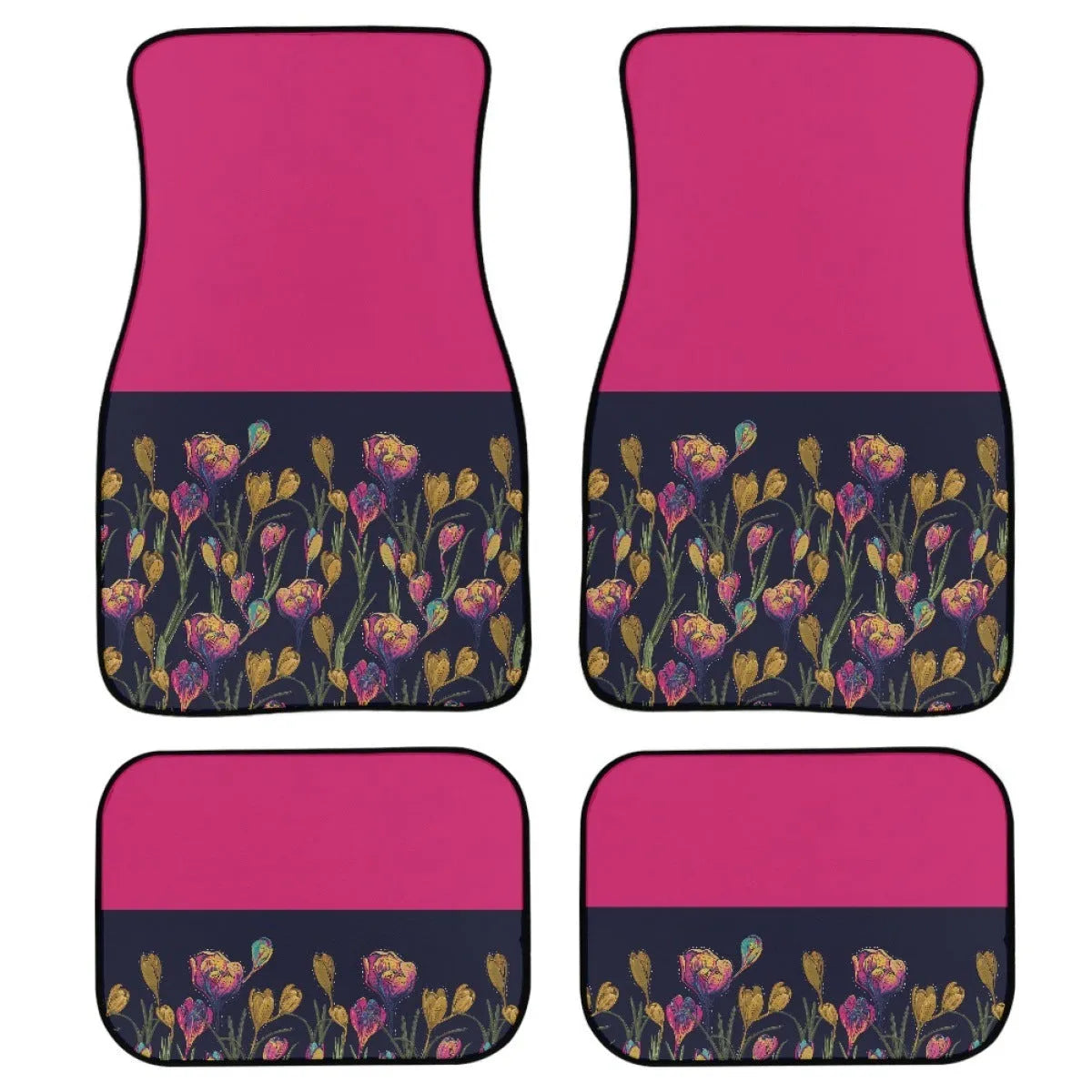 Black four-piece rubber car foot mat set with textured surface, shown on a car floor.