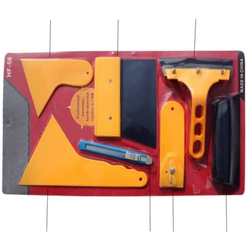 Seven-piece car window tinting tool set with scrapers, knives, and specialised film application tools.