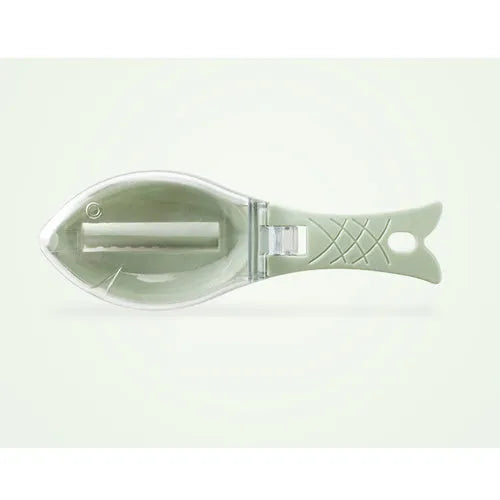 Fish-shaped scale scraper kitchen tool in white green or blue with cover and hanging hole