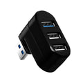 Black 4-port USB 3.0 rotary hub splitter on a white background showing its compact size.