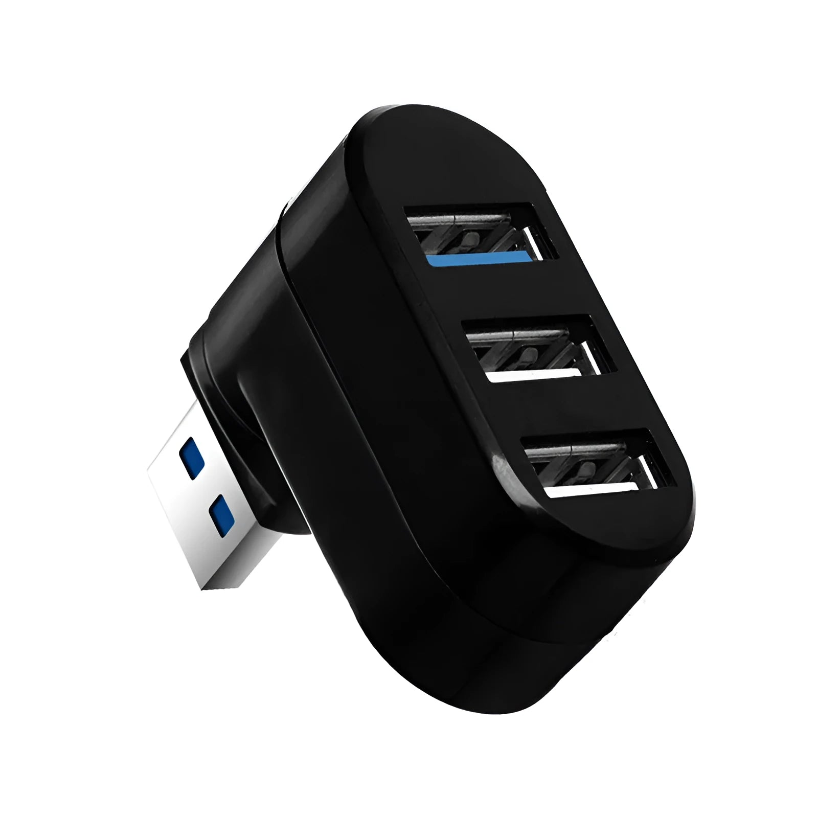Black 4-port USB 3.0 rotary hub splitter on a white background showing its compact size.