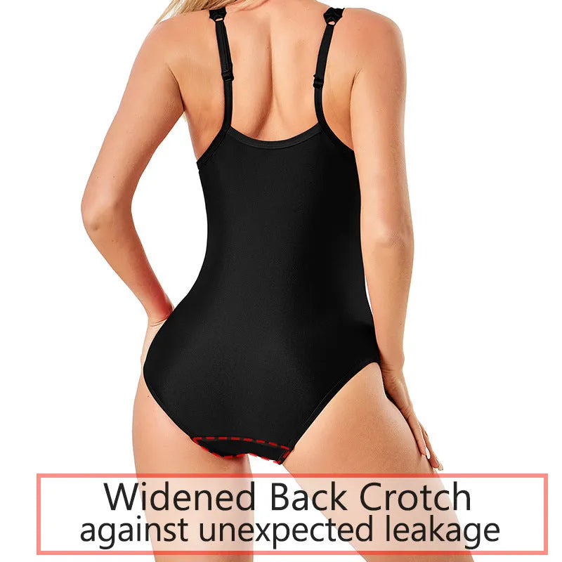 Black solid colour brief style ladies nylon swimsuit for swimming and wading sports