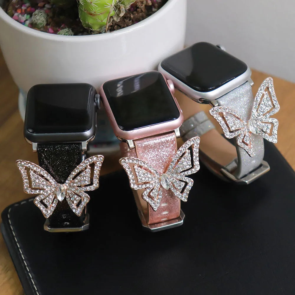 Apple Watch strap with glitter diamond butterfly design in Black, 38to40mm size