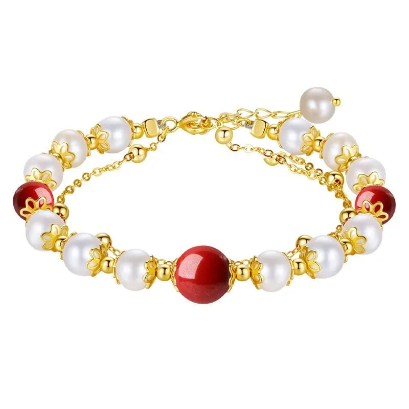 Sterling silver double-layer bracelet with white freshwater pearls and cinnabar red beans