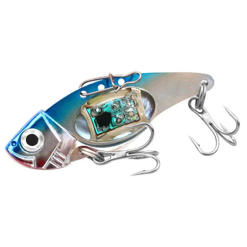 Electronic luminous metal vib fishing lure showing blue body and red body colour options