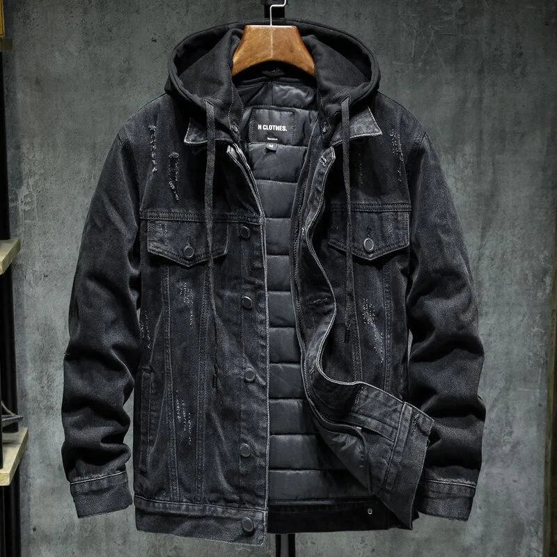 Thick denim jacket men black hooded cotton winter slim fit with lapel collar