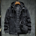 Thick denim jacket men black hooded cotton winter slim fit with lapel collar