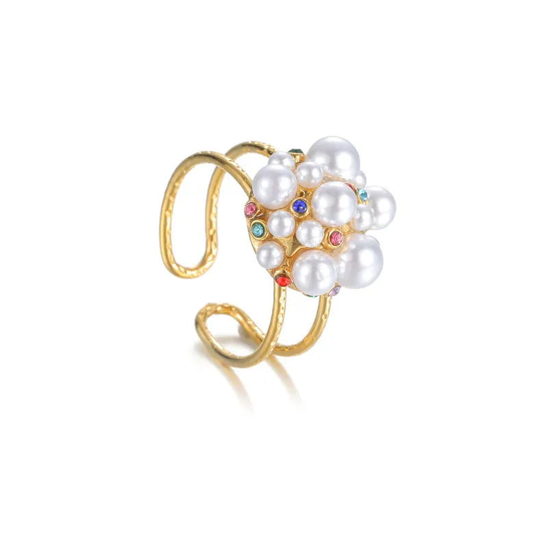 Women's stainless steel adjustable ring with pearl and zircon decoration in heart-shaped or round style