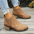 Women's black ankle boots with pointed toe and thick square heel slip-on design