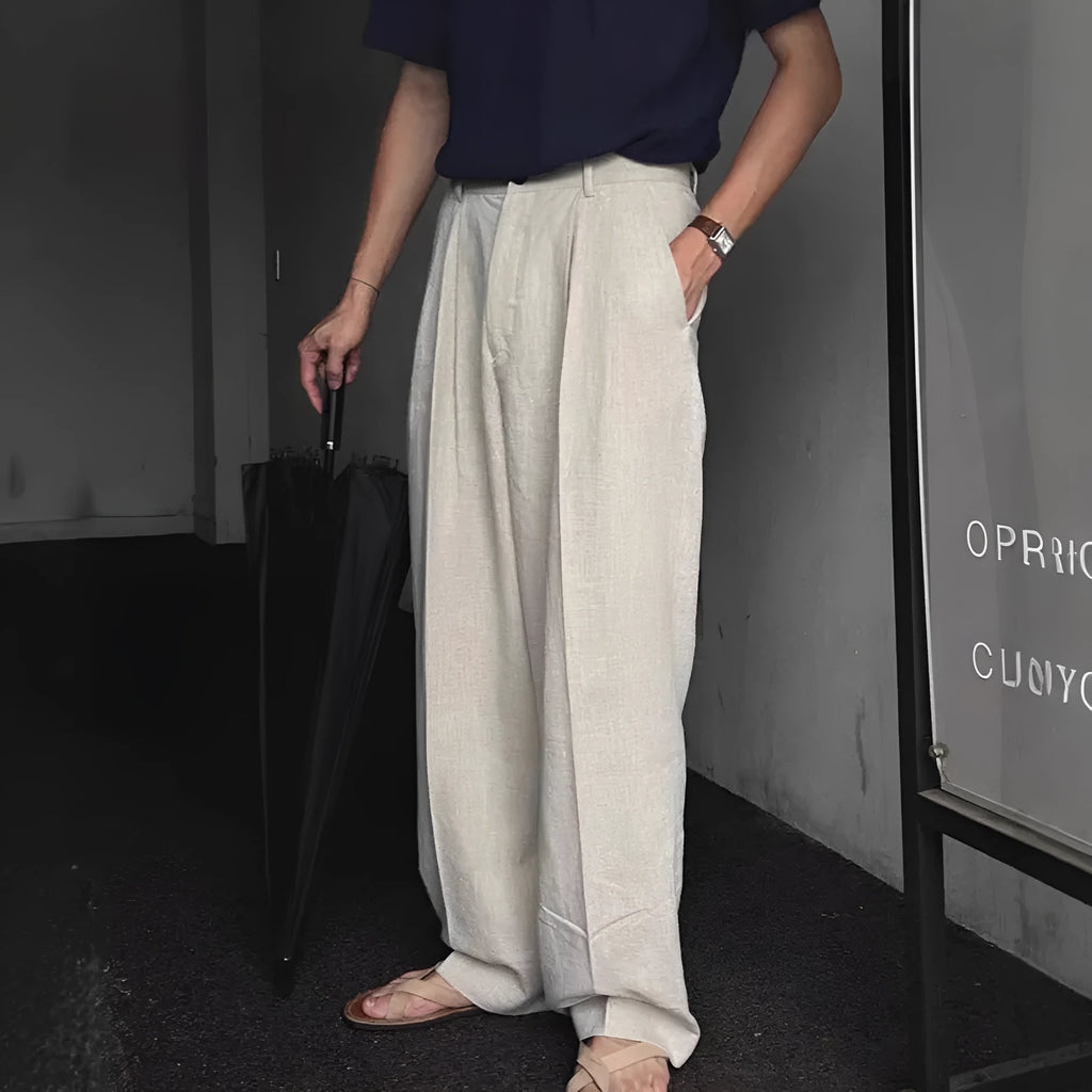 Men's light-weight cotton linen trousers in apricot with wide-leg design and micro-elastic waist