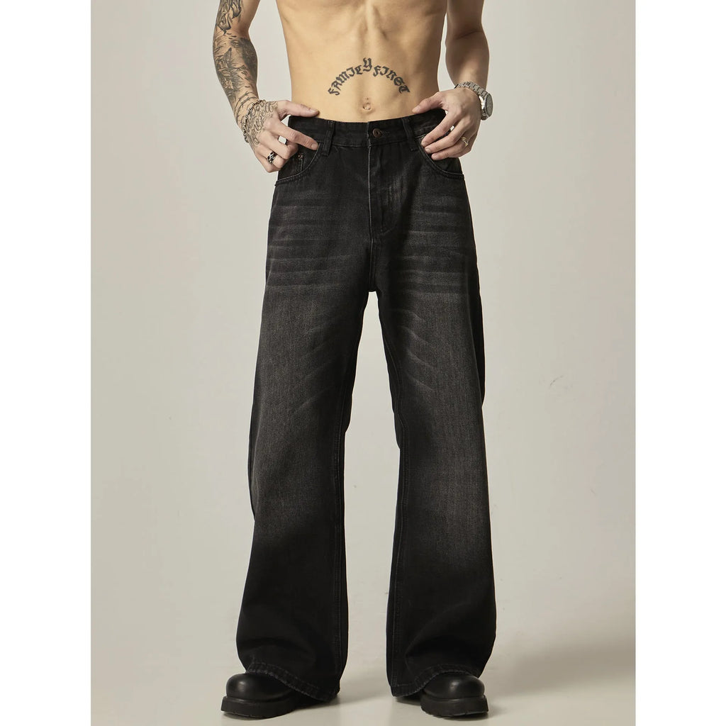 Black loose straight retro jeans showing front and back views with five-pocket design