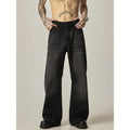 Black loose straight retro jeans showing front and back views with five-pocket design