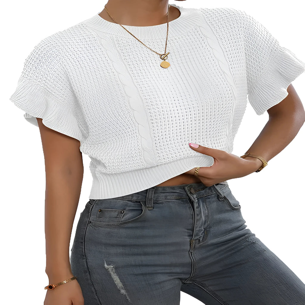 Twisted string 3D pattern knitted pullover sweater with ruffled short sleeves in loose Japanese-Korean style