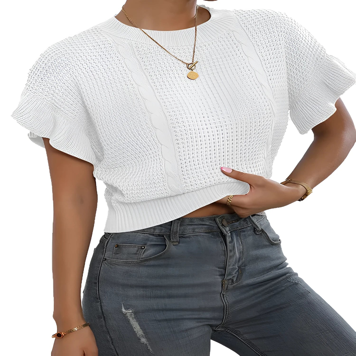 Twisted string 3D pattern knitted pullover sweater with ruffled short sleeves in loose Japanese-Korean style