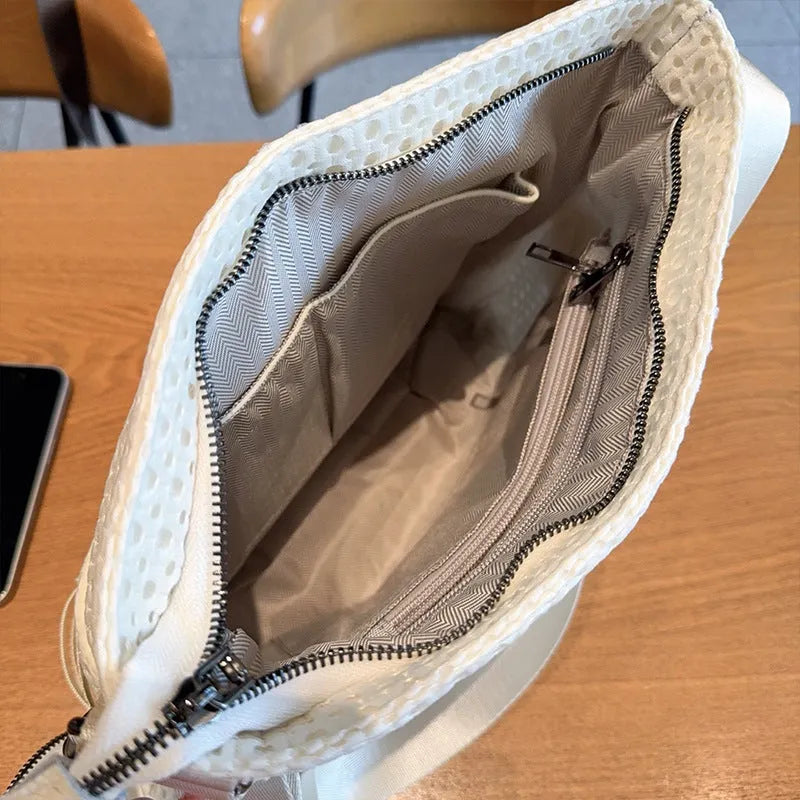 Mesh crossbody bag large capacity white net horizontal square shape with slit pocket and single shoulder strap