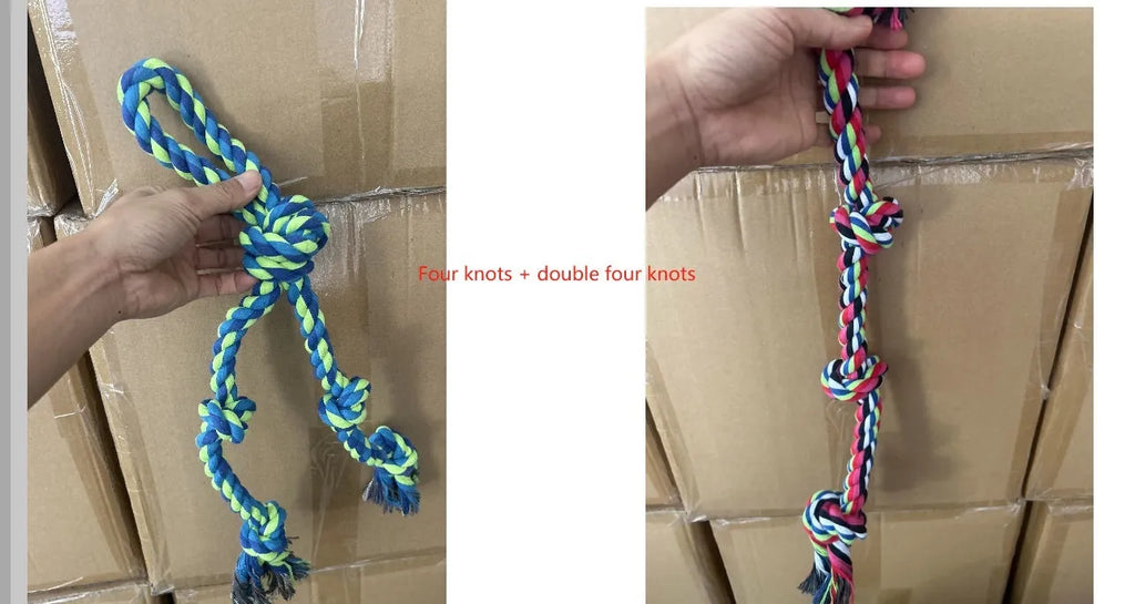 Cotton rope knot dog toy for large breeds, 77cm, flower rope four sections and green rope five sections.
