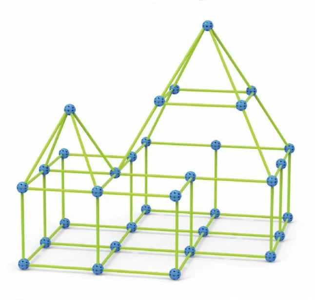 Children's fort building kit showing plastic rods, connector balls, and a constructed play tent frame.