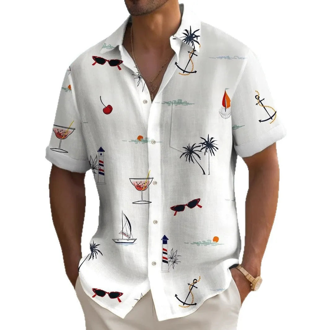 Man wearing a loose-fit Hawaiian shirt with a digital printed pattern, short sleeves.