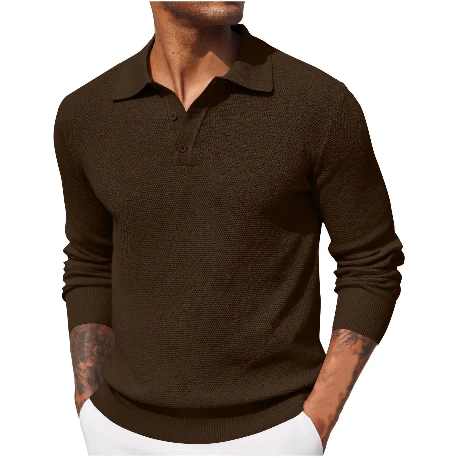 Men's long-sleeved solid colour casual polyester top in six colours, sizes S to XXXL