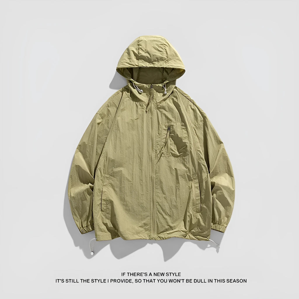 Lightweight beige hooded couple's sun protection jacket made from Lycra spandex fabric.
