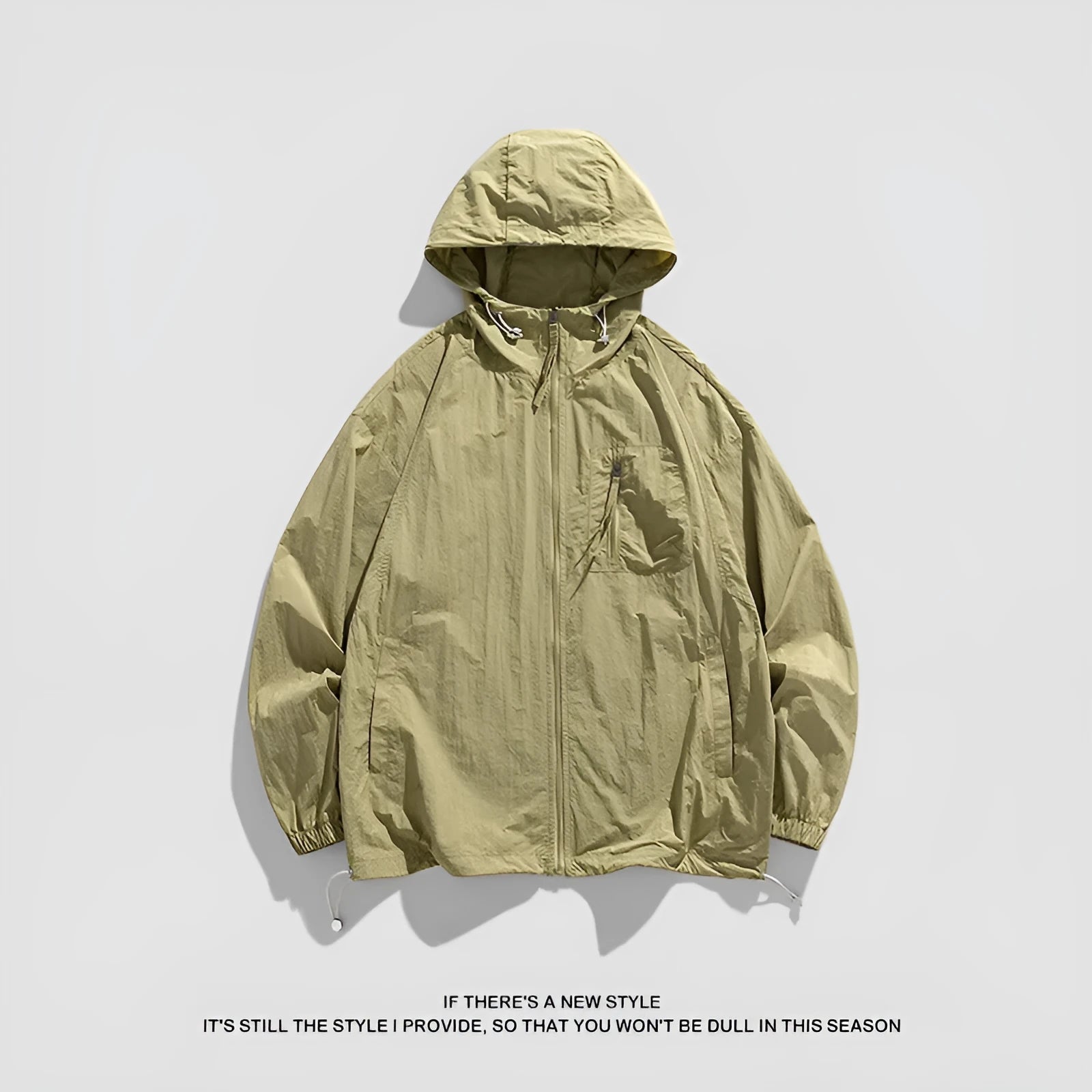 Lightweight beige hooded couple's sun protection jacket made from Lycra spandex fabric.