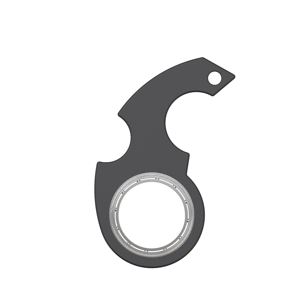Creative fidget spinner keychain in black with plastic and zinc alloy construction, featuring a bottle opener