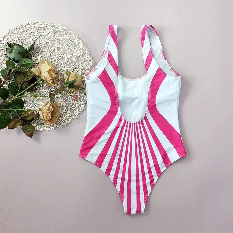 Pink striped one-piece swimsuit for women with digital front and rear printing.